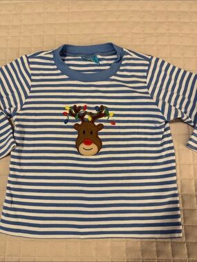 Claire & Charlie size 3T long sleeve tee blue striped Christmas appliqué reindee